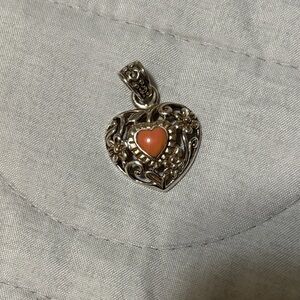 Ornate Silver Heart Pendant Coral Center